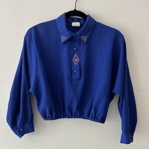 GW Division of Graff Sapphire Blue Cropped Blouse with Rhinestone Details